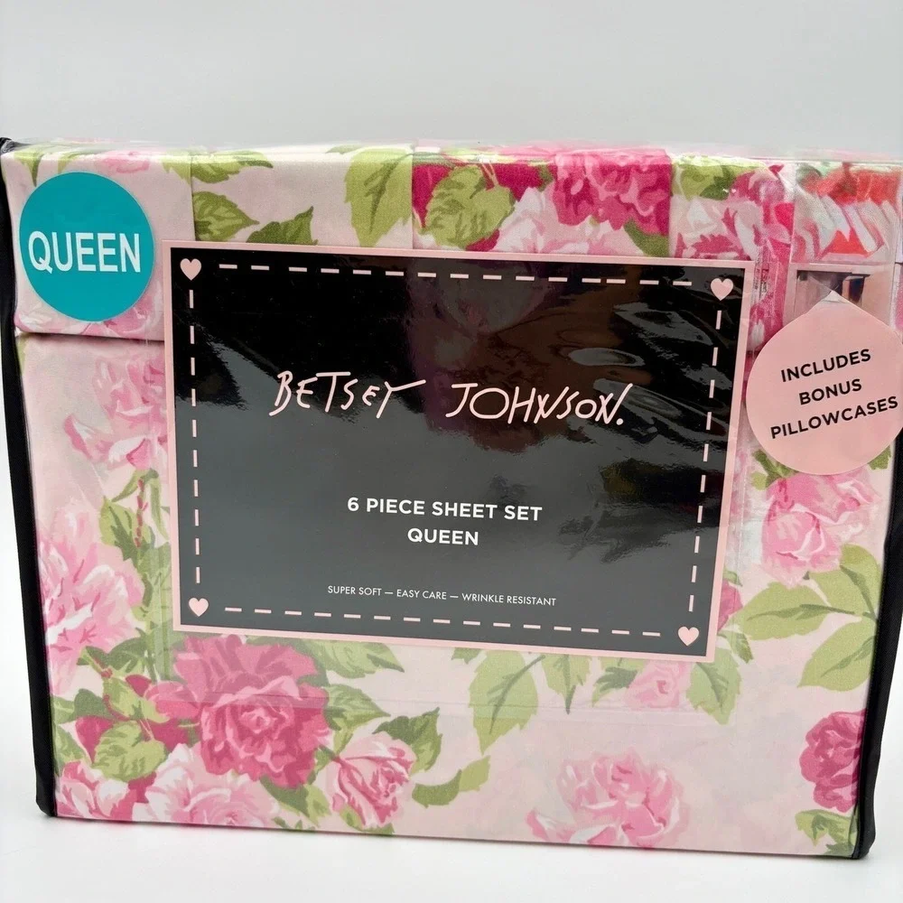 Betsey Johnson Pink Rose Bouquet Floral Pink Sheet Set 6 Piece Super Soft Queen